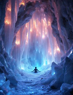 The primary subject of the image is a person sitting in a cave, surrounded by ice and snow. The setting is a cave with a blue and purple light illuminating the space. The visual style is a digital art, creating a surreal and otherworldly atmosphere. The dominant colors are blue and purple, which contribute to the overall mood of the scene.